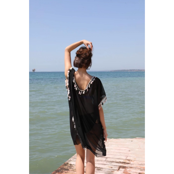 Moda Kadın Püsküllü Tunik Pareo Plaj Elbisesi Siyah