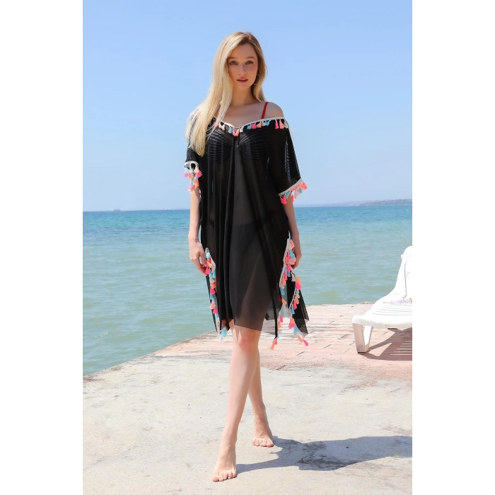 Moda Kadın Püsküllü Tunik Pareo Plaj Elbisesi Siyah