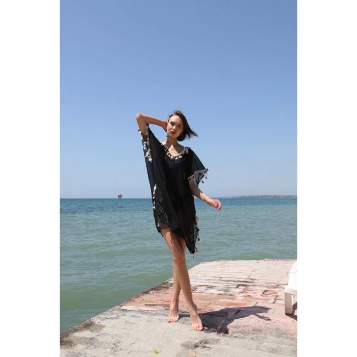 Moda Kadın Püsküllü Tunik Pareo Plaj Elbisesi Siyah