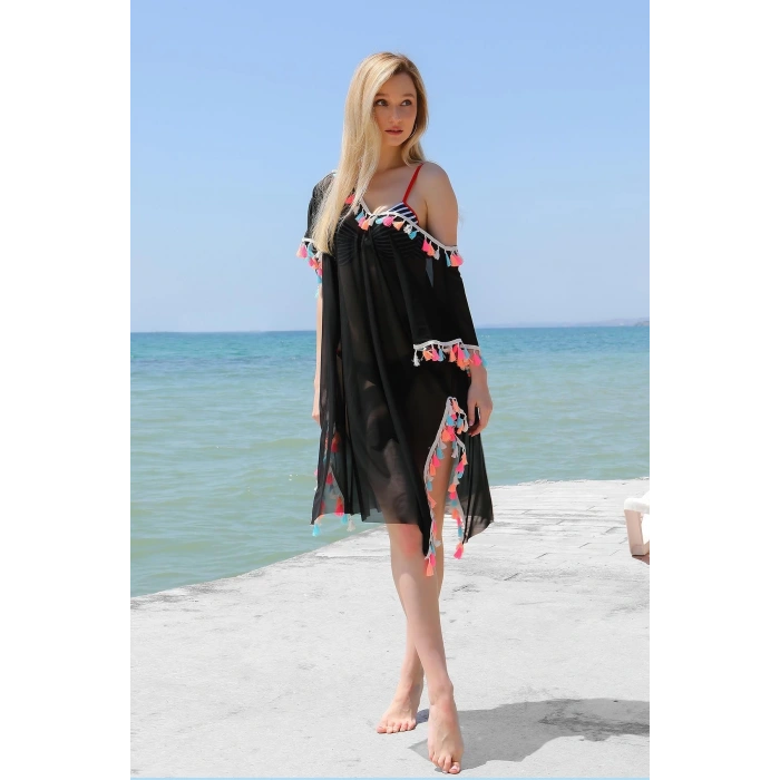 Moda Kadın Püsküllü Tunik Pareo Plaj Elbisesi Siyah