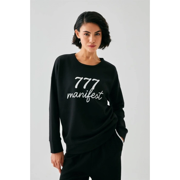 Moda Kadın Siyah Manifest Oversize 2 İplik Eşofman Ev Giyim Takımı