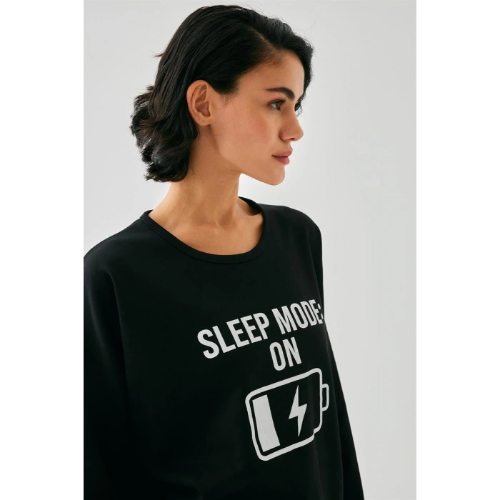 Moda Kadın Siyah Sleep Mode ON Oversize 2 İplik Eşofman Ev Giyim Takımı