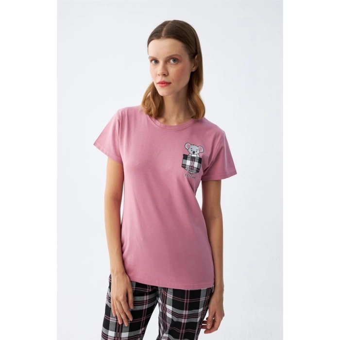 Moda Kadın Somon Ayıcık Baskılı Ekoseli Penye Pijama Takımı