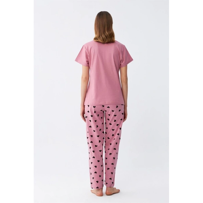 Moda Kadın Somon Kalp Desenli Kısa Kollu Penye Pijama Takımı