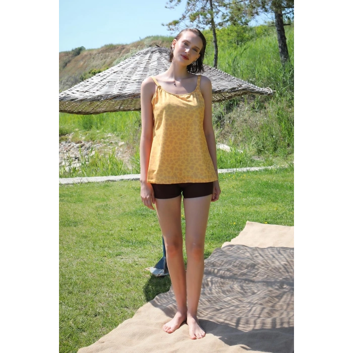 Moda Kadın Şortlu Tankini Elbise Mayo Sarı