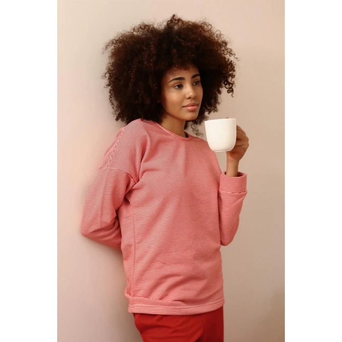 Moda Kadın Uzun Kol 3 İplik Penye Pijama Takım Kırmızı