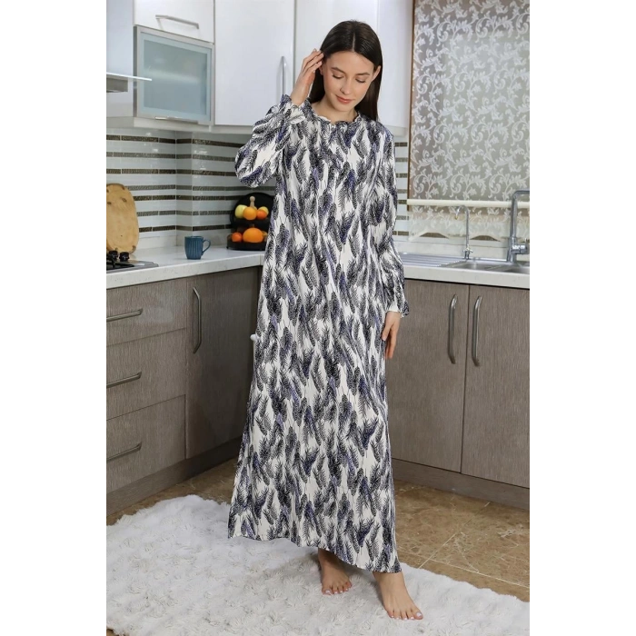 Moda Kadın Uzun Kol Penye Gecelik Ev Elbisesi Mavi