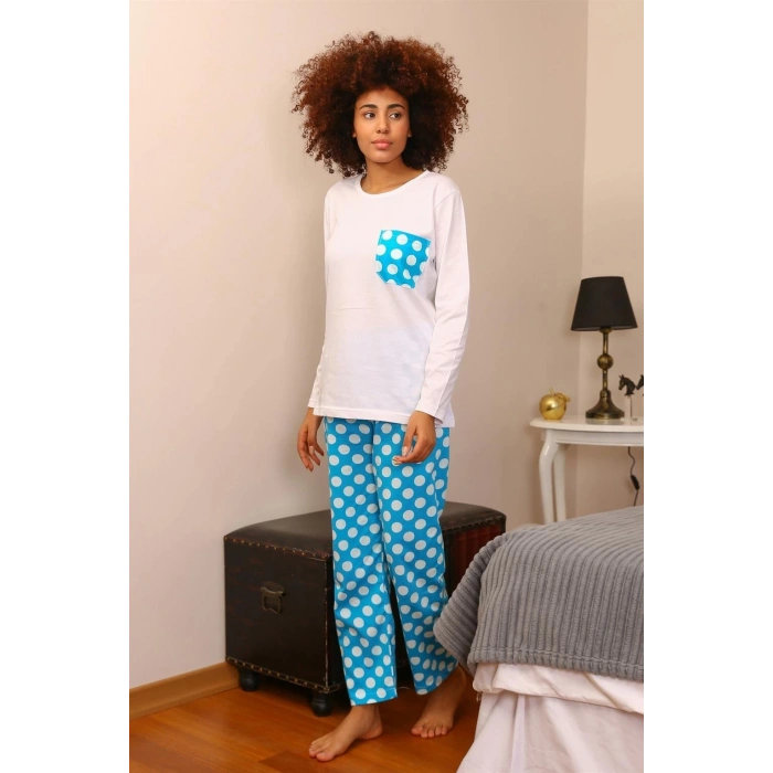 Moda Kadın Uzun Kol Penye Pijama Takım Beyaz