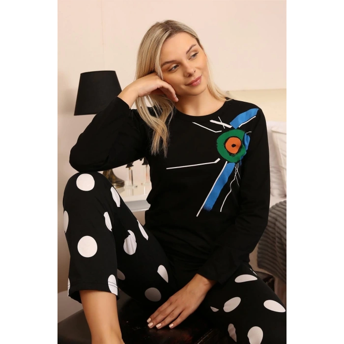 Moda Kadın Uzun Kol Penye Pijama Takım Siyah