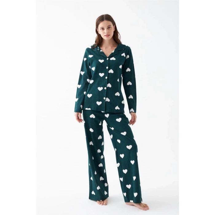 Moda Kadın Zümrüt Yeşili Kalp Desenli Düğmeli Pamuklu Pijama Takımı