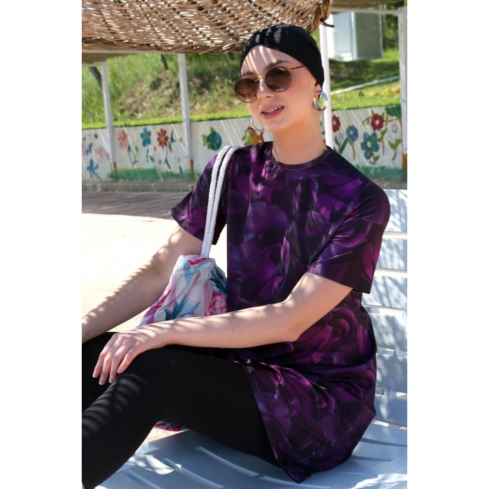 Moda Kısa Kol Güllü Yarım Tesettür Mayo Mor