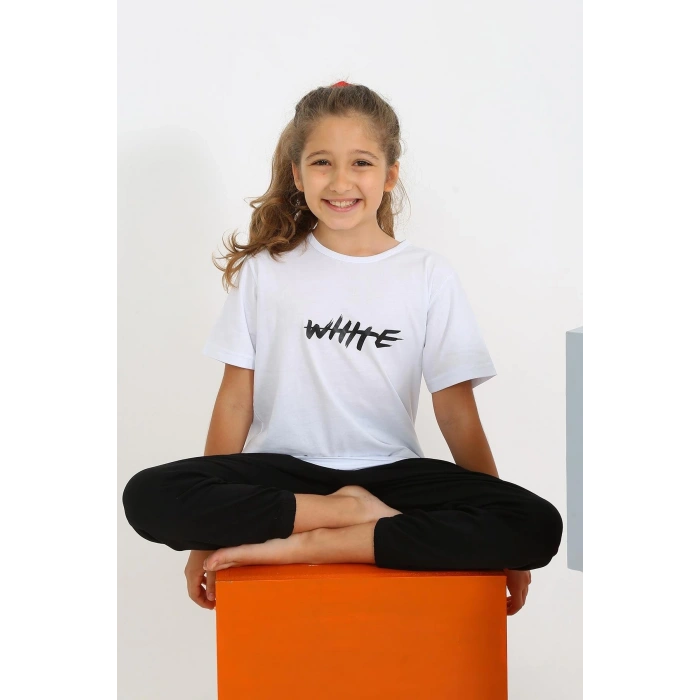 Moda Kız Çocuk Kısa Kol Beyaz Penye Pijama Takım