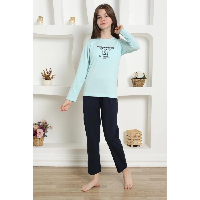 Moda Kız Çocuk Penye Pijama Takım Su Yeşili