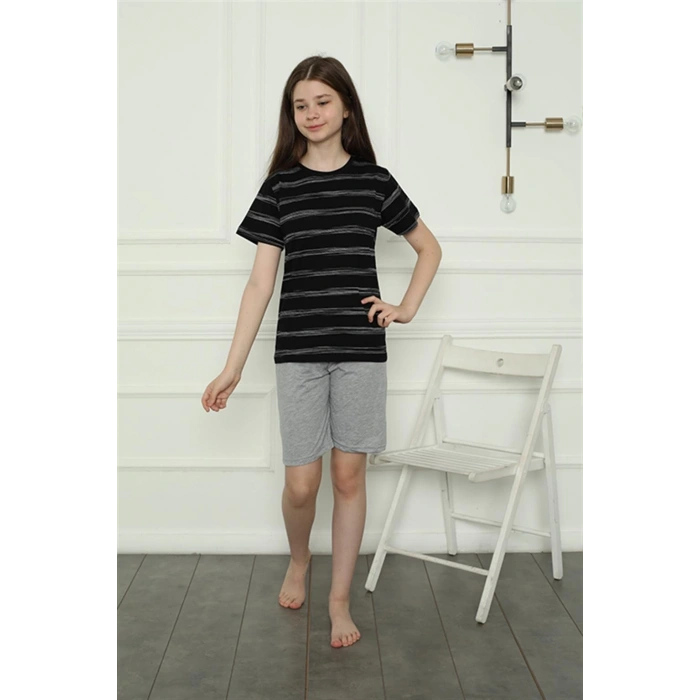 Moda Kız Çocuk Penye Şortlu Pijama Takım Siyah