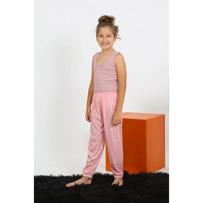 Moda Kız Çocuk Sıfır Kol Gül Kurusu Penye Pijama Takım