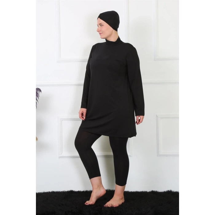 Moda Tam Kapalı Büyük Beden Siyah Mayo