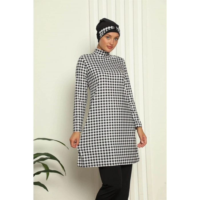 Moda Tam Tesettür Dijital Desenli Mayo Siyah - Beyaz