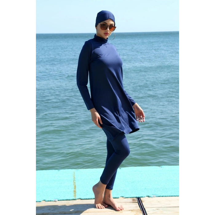 Moda Uzun Kol Likralı Lacivert Tesettür Mayo