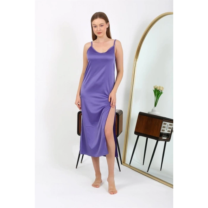 Moda Yırtmaçlı Uzun Saten Gecelik Mor