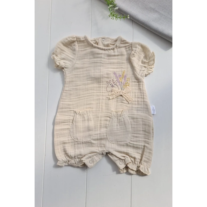 Müslin Kumaş Çiçek Nakışlı Pamuklu Kız Bebek Tulum
