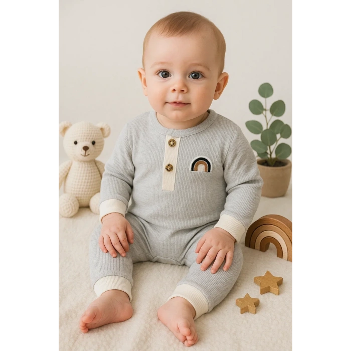 Waffle Gökkuşağı Nakışlı Erkek Bebek Tulumu