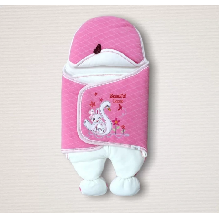 Yenidoğan Çiçekli Ördek Nakışlı Şapkalı Kız Bebek Ayaklı Kundak Bebek Battaniyesi Pembe