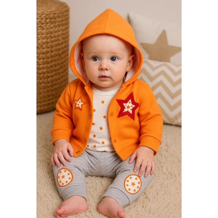 Yıldız Nakışlı Kapişonlu Kız Bebek Takımı