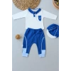 3-6 6-9 9-12 Ay Efendi Nakışlı Cep Şapkalı Uzun Kollu Sweat 3lü Erkek Bebek Takımı İndigo