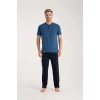 Moda Erkek İndigo Düğmeli Yaka Kısa Kol Pijama Takımı