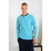 Moda Erkek Penye Uzun Kol Pijama Takımı Turkuaz