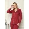 Moda Kadın %100 Pamuk Penye Önden Düğmeli Uzun Kol Pijama Takım Bordo