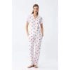 Moda Kadın Beyaz Kırmızı Kalpli Önden Düğmeli Pijama Takımı