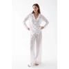 Moda Kadın Beyaz Şeffaf Jakar Düğmeli Pijama Takımı