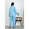 Moda Kadın Büyük Beden Pamuklu Cepli Düğmeli Mavi Pijama Takım