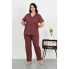 Moda Kadın Büyük Beden Pamuklu Cepli Düğmeli Mor Pijama Takım