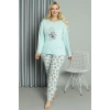 Moda Kadın Büyük Beden Penye Uzun Kol Pijama Takım Su Yeşili