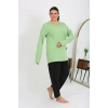 Moda Kadın Büyük Beden Uzun Kol Penye Pijama Takımı Fıstık Yeşili