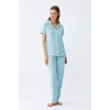 Moda Kadın Buz Mavisi Yıldız Desenli Önden Düğmeli Pijama Takımı