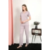 Moda Kadın Kısa Kol Pamuk Penye Pijama Takım Pudra