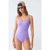 Moda Kadın Lila Minimal Askılı Tek Parça Mayo