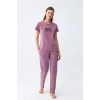 Moda Kadın Mor Yıldız Desenli Penye Kısa Kol Pijama Takımı
