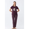 Moda Kadın Mürdüm Papatya Baskılı Kısa Kollu Penye Pijama Takımı