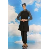 Moda Kadın Pantolonlu Desenli Tam Tesettür Mayo Siyah