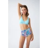 Moda Kadın Pedli Üst Tropik Desenli Yüksek Bel Bikini Takımı - Buz Mavisi