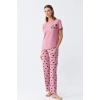 Moda Kadın Somon Kalp Desenli Kısa Kollu Penye Pijama Takımı