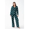 Moda Kadın Zümrüt Yeşili Kalp Desenli Düğmeli Pamuklu Pijama Takımı