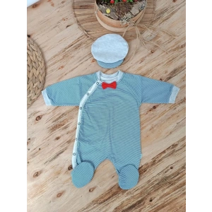 0-3 3-6 Ay Papyonlu Çizgi Desen Çıtçıt Kapama Kasketli Erkek Bebek Tulumu Lacivert