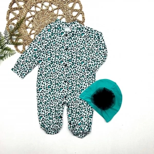 0-3-6-9 Ay Leopar Baskılı Tam Boy Çıtçıtlı Patikli Güllü Boneli Kız Bebek Tulumu Turkuaz