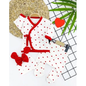 0-3 Ay Piti Kalp Desenli Şapkalı Patikli 3lü Kız Bebek Takımı Ekru
