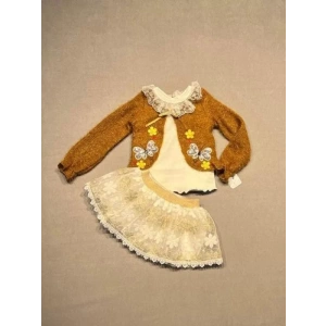 1-2-3 Yaş Brode Etekli Örme Hırkalı Uzun Kollu Sweat 3lü Kız Çocuk Takımı Hardal